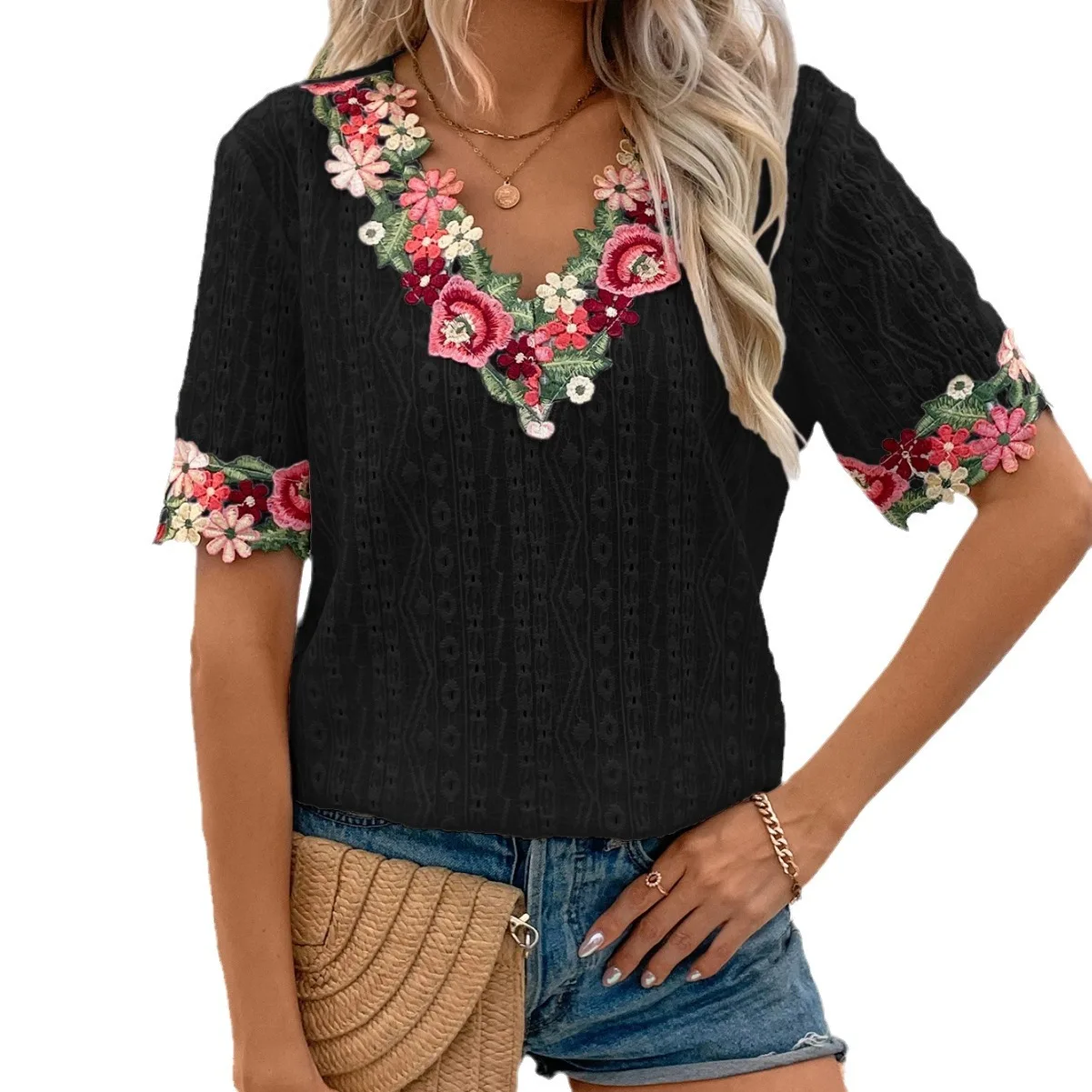 Women's Vintage Flower Casual Hollow-out Denim Shirt main image 1