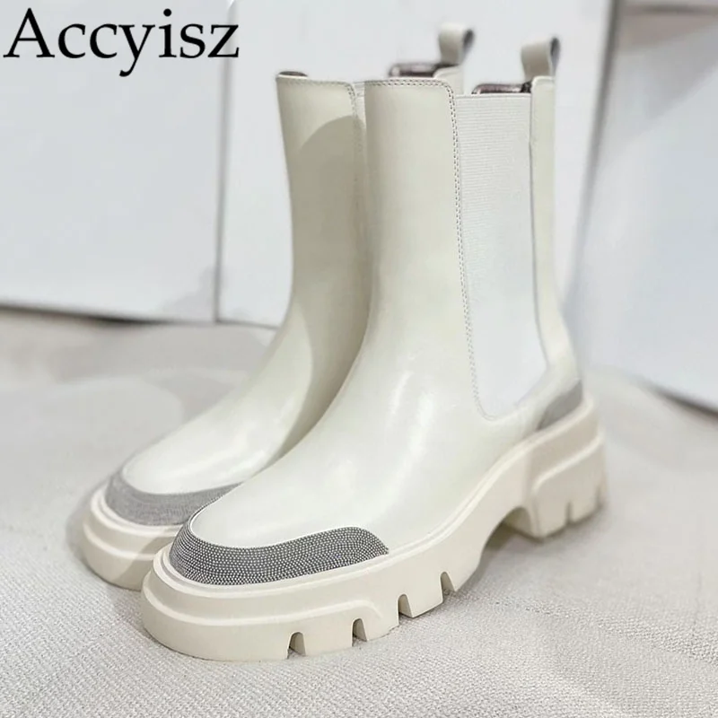 

2023 Flat Thick Sole Chelsea Boots Women Real Leather Metal String Bead Decor Elastic Band Ankle Botas Autumn Winter Short Boots