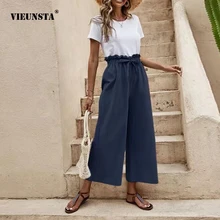 Fashion Casual Wide Leg Pants 2022 Summer Women's Solid Color Elastic Waist Cotton Linen Loose Straight Ninth Pants Street Style