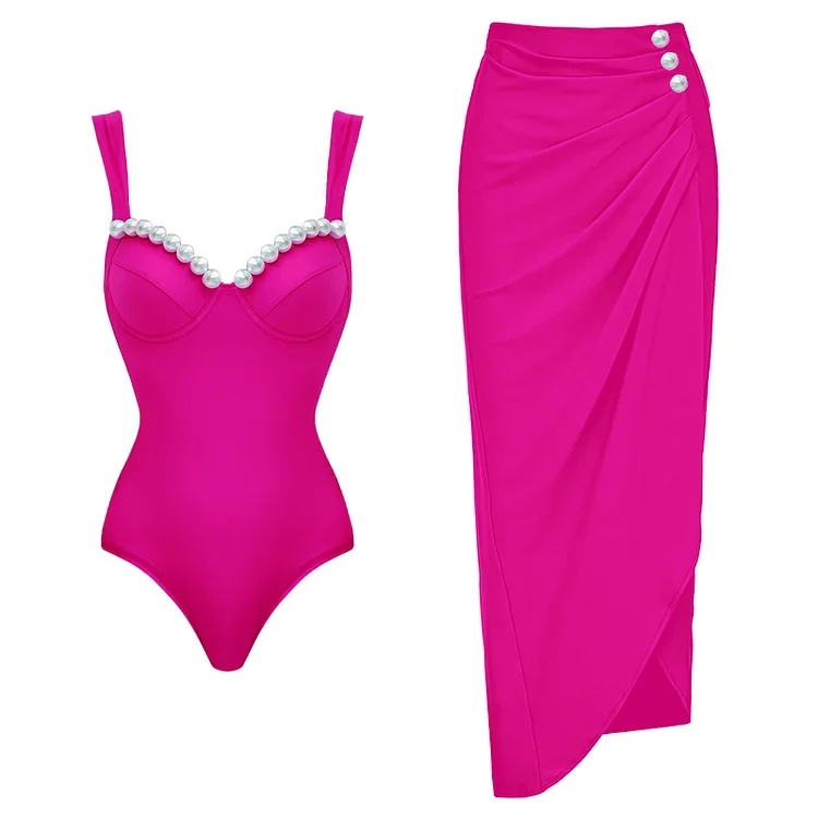 

2024 New Swimsuit Sling Pearl Decor Pink One Piece Swimwear Women Vacation Beachwear Luxury Bathing Suit Sexy Bikini two piece