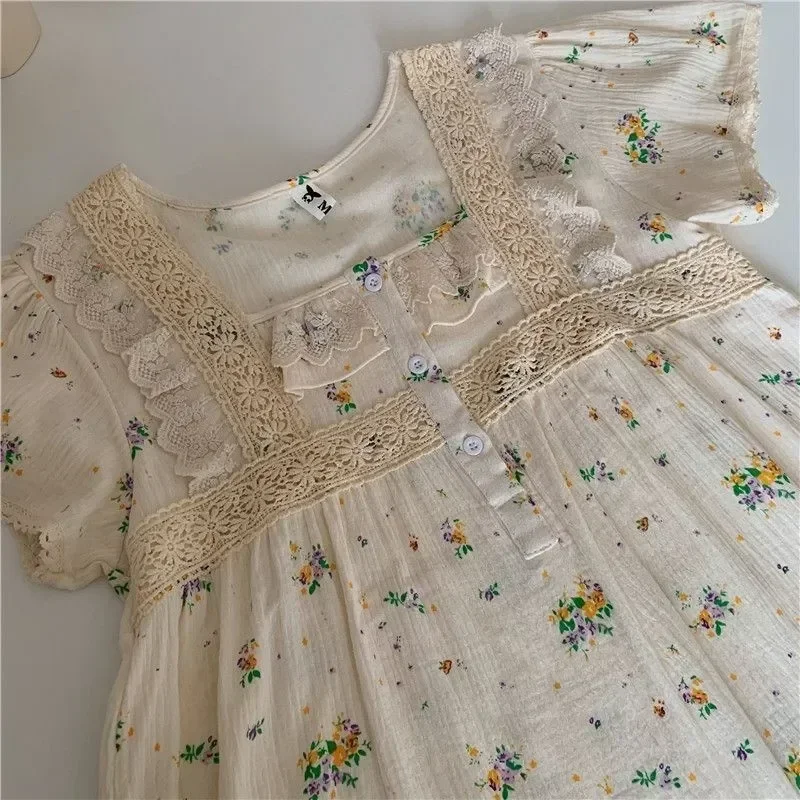 

Ночные рубашки, короткие женские пижамы, одежда для сна с цветочным рисунком, новинка, домашняя ночная рубашка с рукавами, милые свободные летние платья