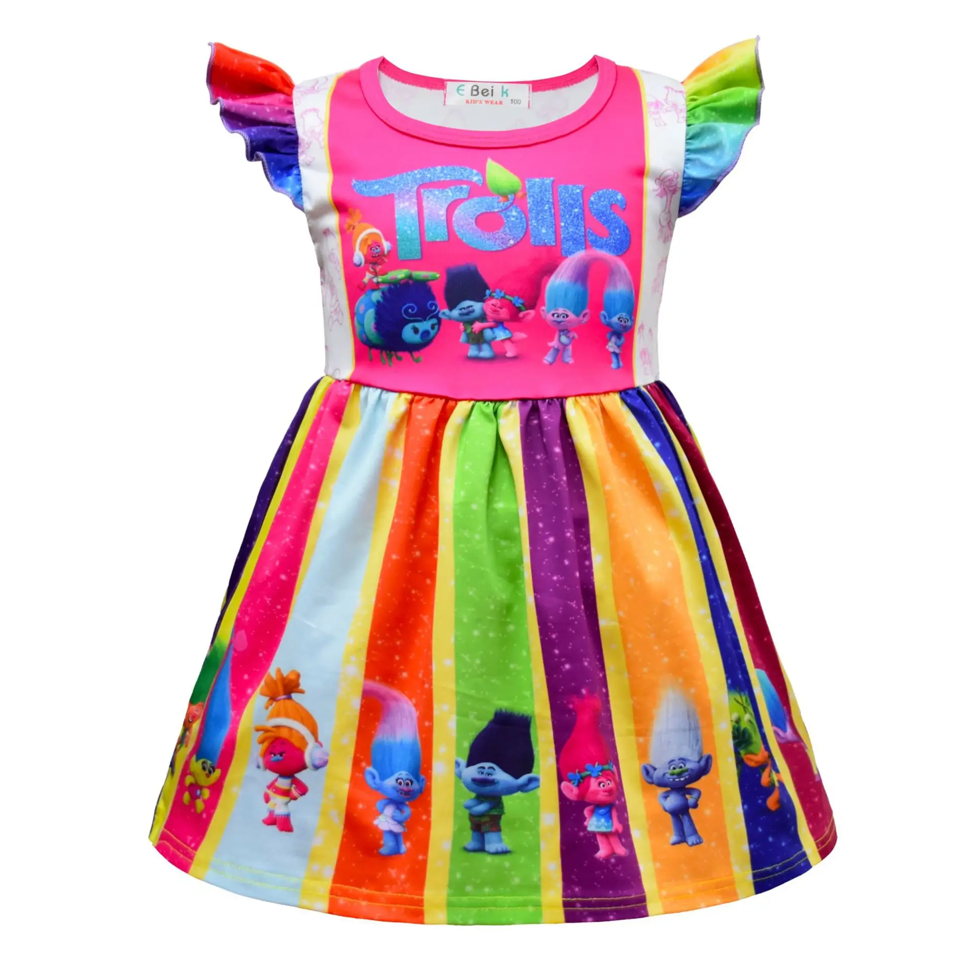 thumbnail image 1 of Vestido de Trolls para niñas, ropa de verano con dibujos animados para niños, vestidos de princesa con mangas con volantes de seda color leche, ropa floral de cumpleaños, 1 of 5