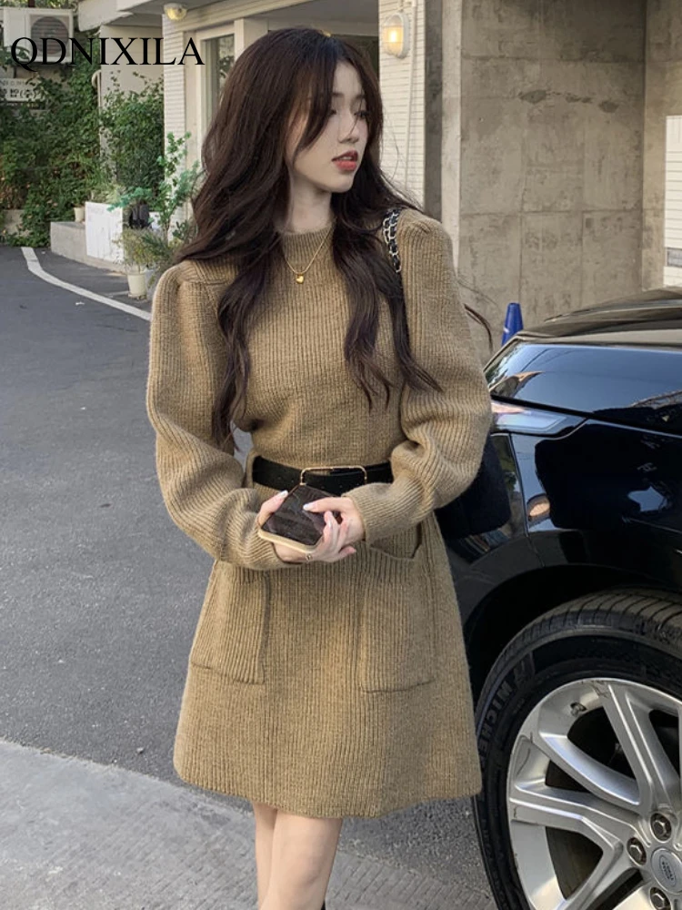 

Fall and Winter New Fashion Vintage Women's Elegant Knitted Midi Dresses Korean Chic Waisted Bottom Sweater Skirt Woman Clothing