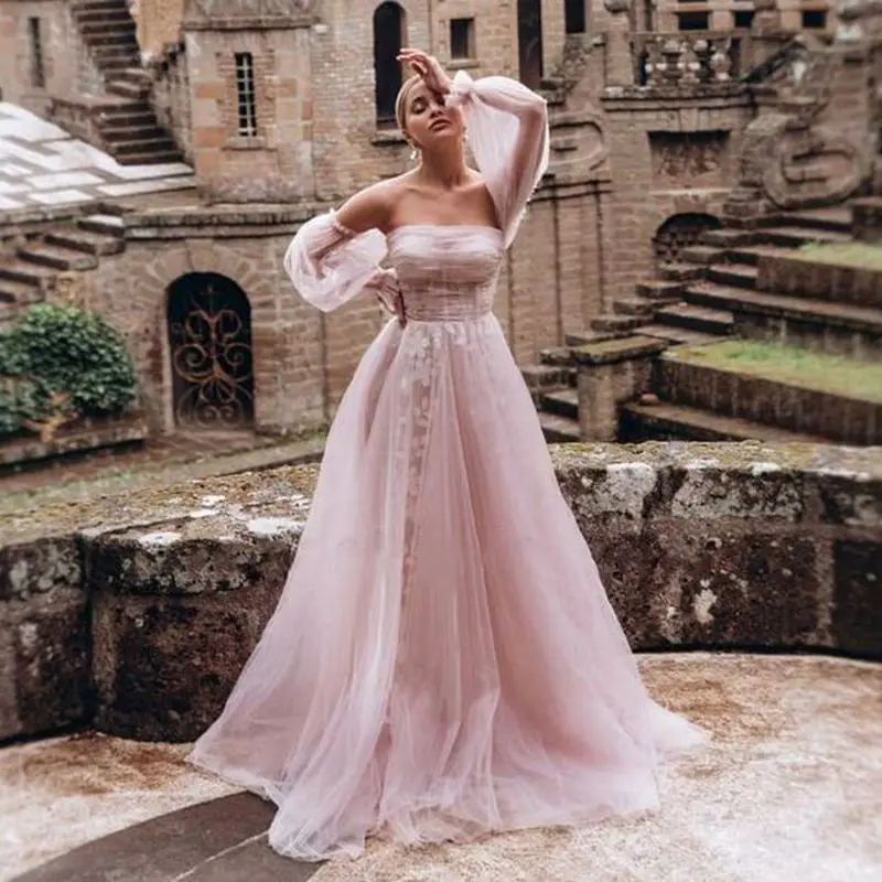 

Pink Prom Dresses Pleats Tulle Lace Applique Strapless Puffy Long Sleeves A Line Formal Party Evening Gowns Graduation Women