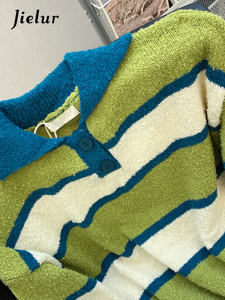 Jielur Autumn Contrast Color Stripe Women Hoodies Casual Loose Street Hoodies Woman Red Green Fashion Knit Sweatshirts Female