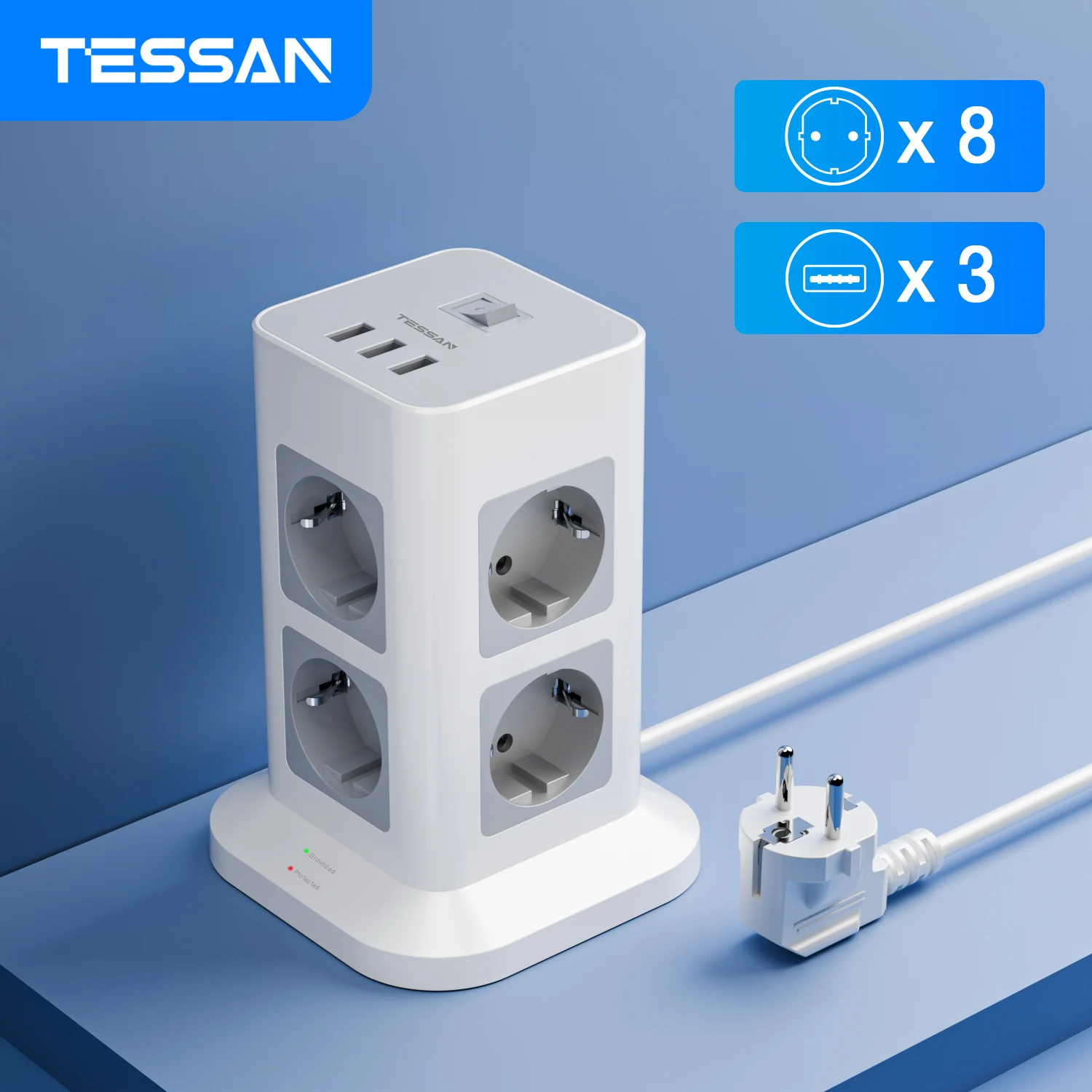 TESSAN Regleta enchufes torre vertical 8 Shukos + 3 USB - Protección  sobretencion 3600W 16A 2M GRIS