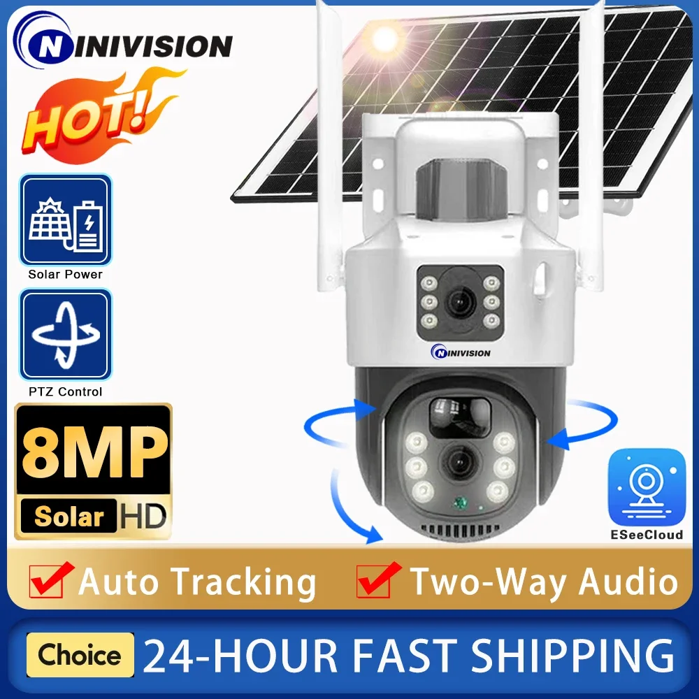

8MP Solar Security PTZ Audio Camera 4K NightVision Dual-Lens Outdoor WiFi Solar Battery Camera PIR Human Detection Auto Tracking