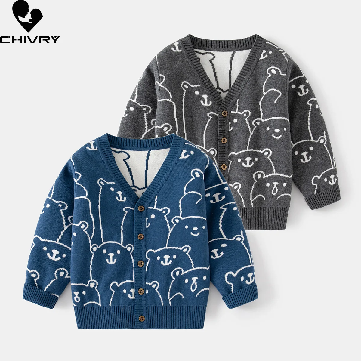 

Autumn Winter Kids Cardigans Sweater Baby Boys Cartoon Bear Jacquard Single-breasted V neck Knit Cardigan Sweaters Coat Clothing