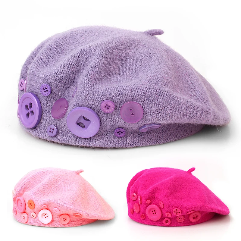

New Fashion Women Winter Warm French Buttons Beret Hat Elegant Beanie Caps Solid Color Casual Autumn Hat