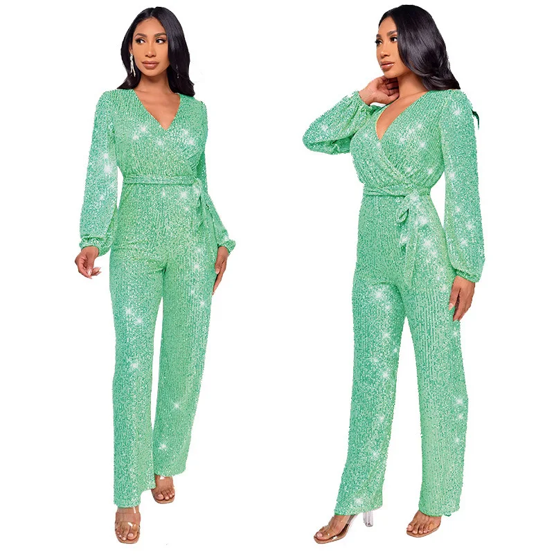 Hot Sale Sexy Long Sleeve V-Neck Luxury Sequin jumpsuit for women party Wide Leg jumpsuits 2023