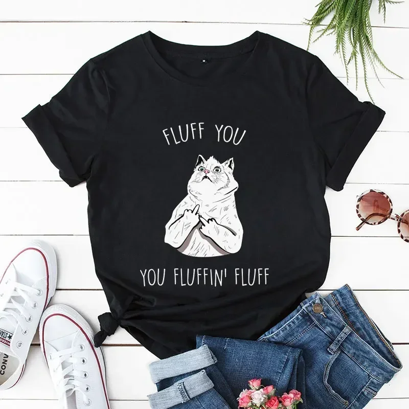 

Women Cat Cartoon Print Tee Top Fluff-You Tshirt Fashion Tee Clothes Summer Casual Clothing T Graphic T-shirt Summer Cotton 2024