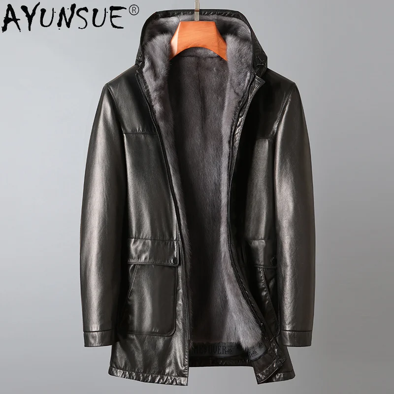 

Hooded High-end 100% Genuine Cowhide Leather Jacket Men Winter 2021 Casual Real Mink Liner Fur Coat Veste Homme Gxy825