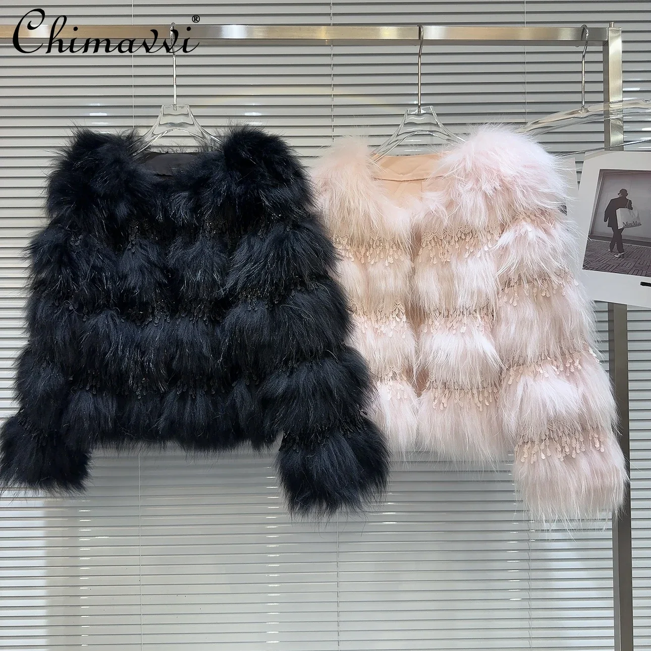 

2023 Winter Clothes New High-End Fashion Fox Fur Sequins Tassel Jacket Sweet Long Sleeve Elegant Socialite Fur Coat Women