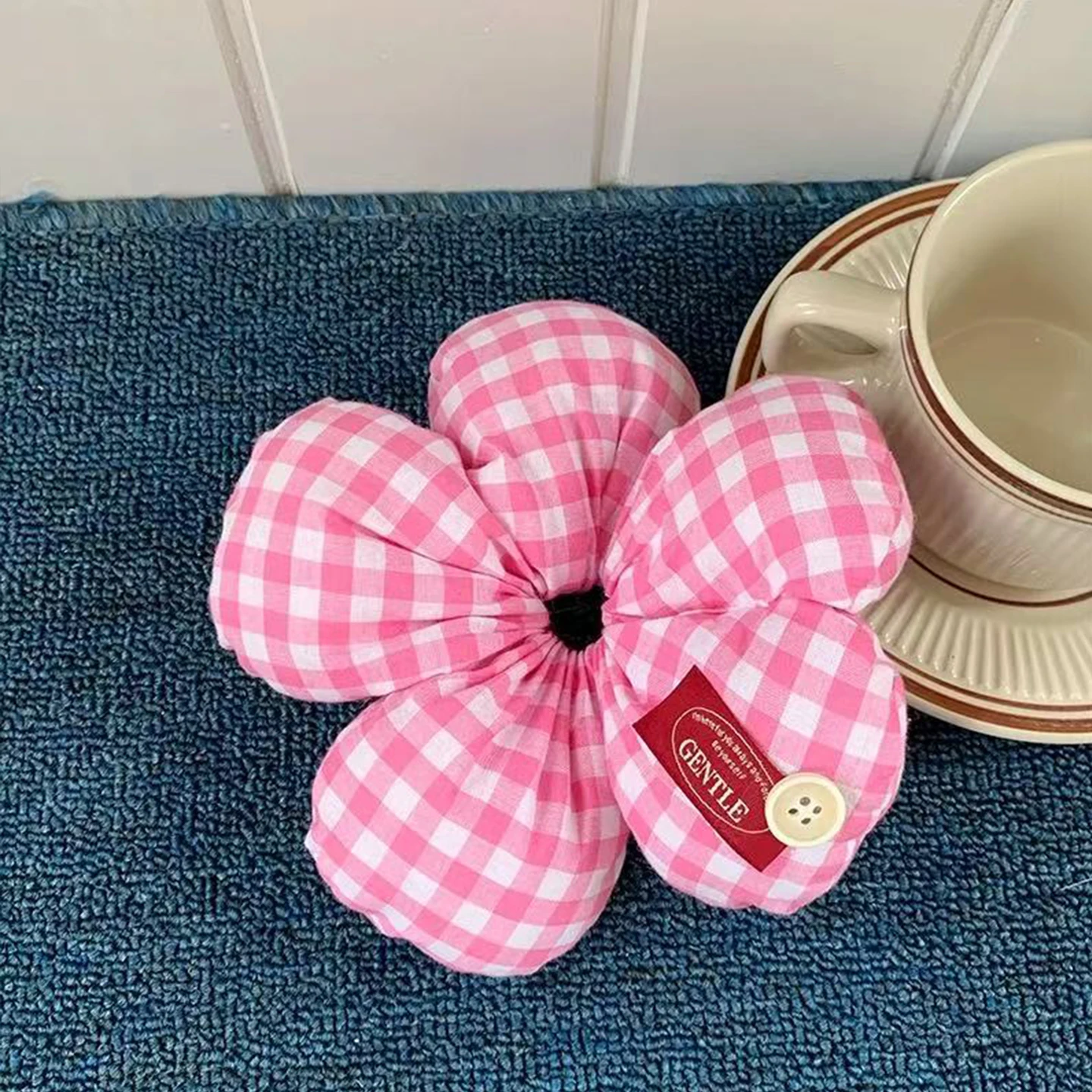 1 Stück koreanischer süßer bonbonfarbener dreidimensionaler Blumenschwamm Dickdarm-Scrunchie, bedrucktes Kopfseil mit Liebesprüfung – Detail 7