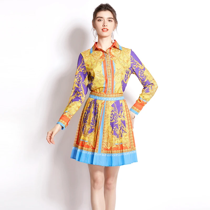 

Spring and Summer 2022 Ribbon Lapel Printing Long Sleeves Shirt Pleated Skirt For Women Two Piece Set Skirt Waist Ete Vestidos