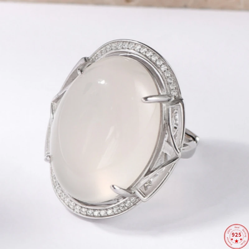 

S925 Sterling Silver Rings for Women Men New Fashion Oval Big Chalcedony Full Micro Zircon Vintage Punk Jewelry Free Shipping