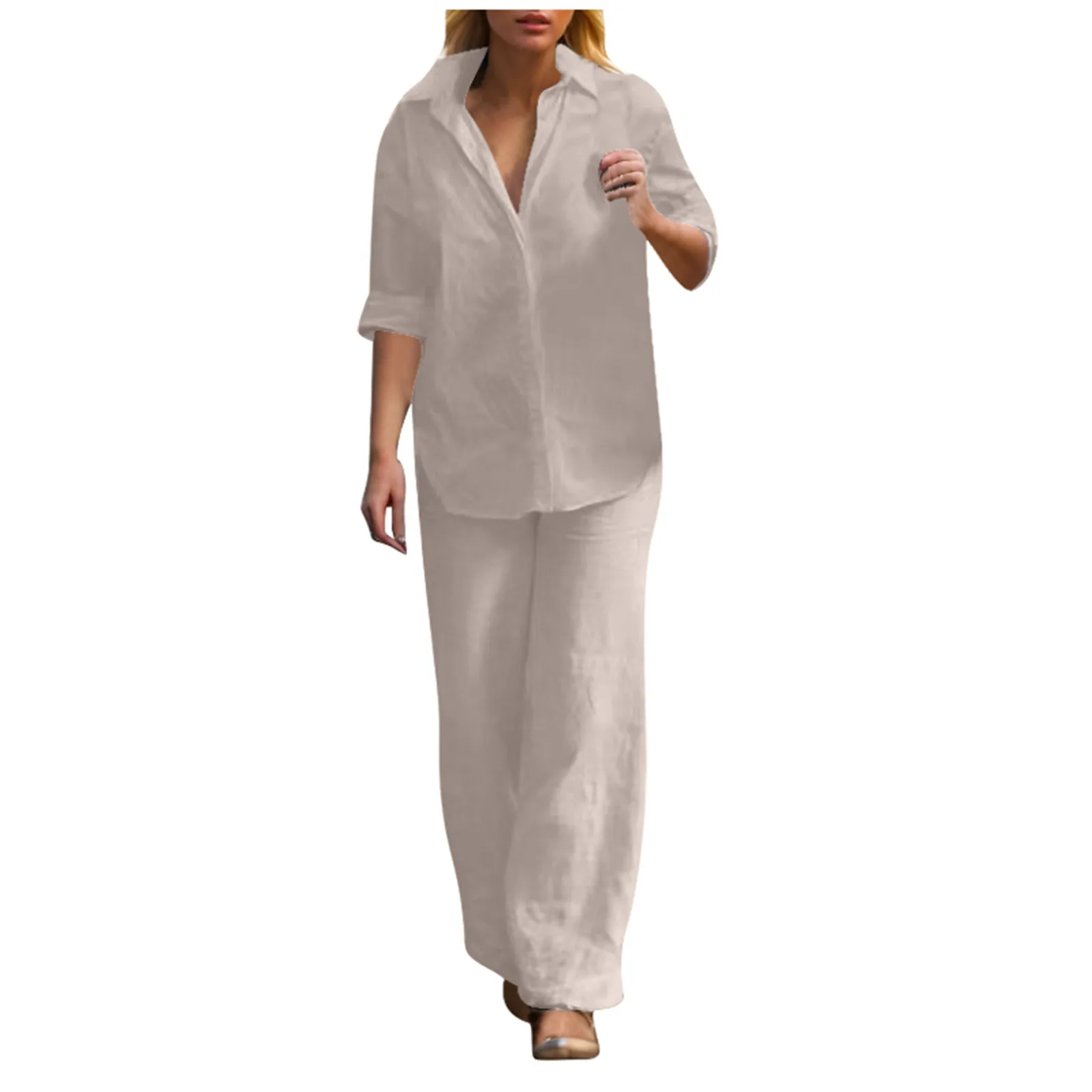 Women Cotton Linen Pants Suit Long Sleeve Shirt Casual Wide-leg Pants Set Outfits Female Casual Elegant Gym 2 Piece Pants Suit