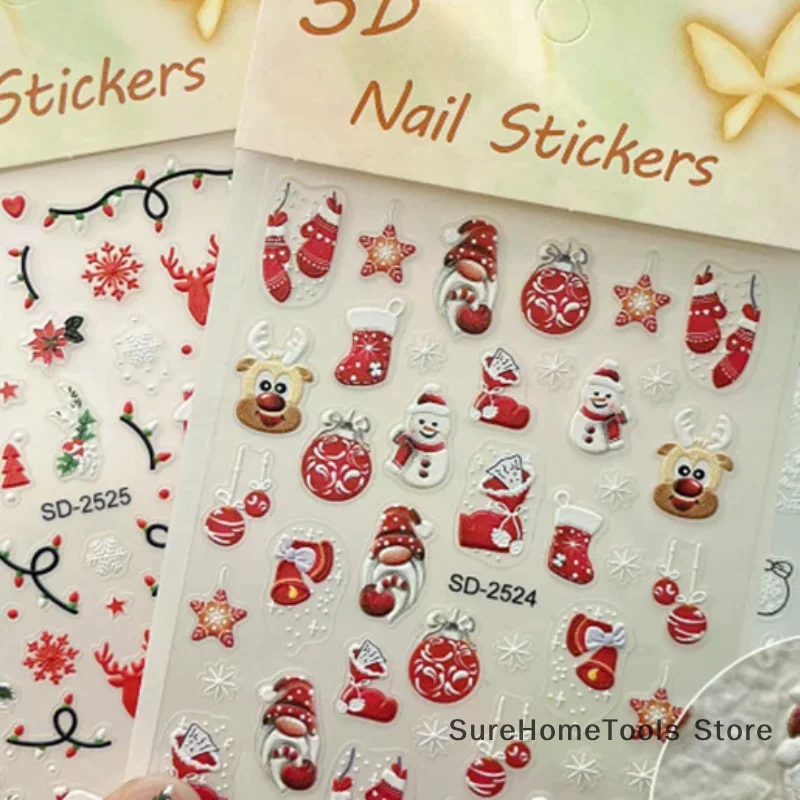 5D Embossed Christmas Nail Stickers - Tree Snowflake Elk Snowman Decals, Autumn Winter Manicure Supplies for DIY Salon Home