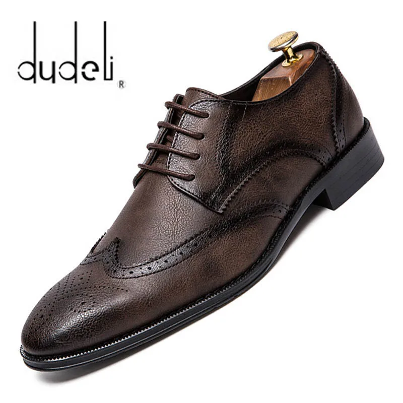 Mens Leather Dress Shoes DUDELI Brogue Formal Shoes Men Dress Leather Shoes Fashion Men Flats Genuine Retro Pointed Toe Oxford Male Footwear