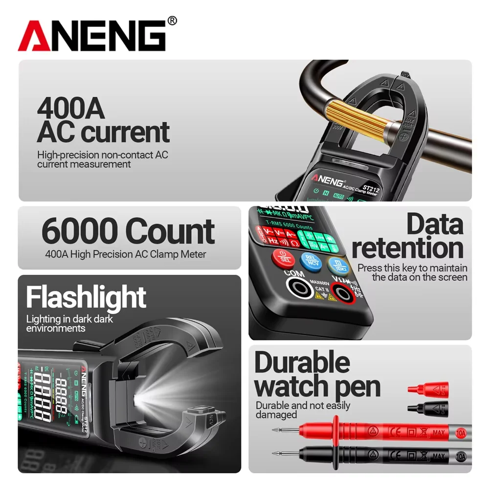 ANENG ST212 DC/AC 전류 디지털 클램프 미터 6000 카운트 400A 앰프 멀티미터 대형 컬러 스크린 전압 테스터 자동차 Hz NCV 옴