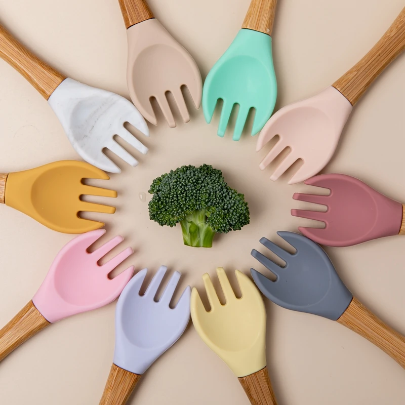 Children Food Grade Silicone Spoon Fork For Infait Wooden Handle Silicone Spoon Fork Cutlery Baby Feeding Learn To Eat Tableware
