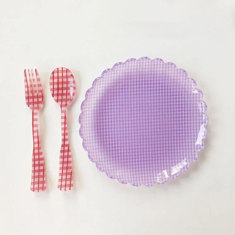 Plastic Dessert Tray Acrylic Cake Dish Grid Pattern Spork Floral Plates Decorative Wedding Party Birthday Fruit Plate Spoon Fork fruit plate,plastic dinner plates