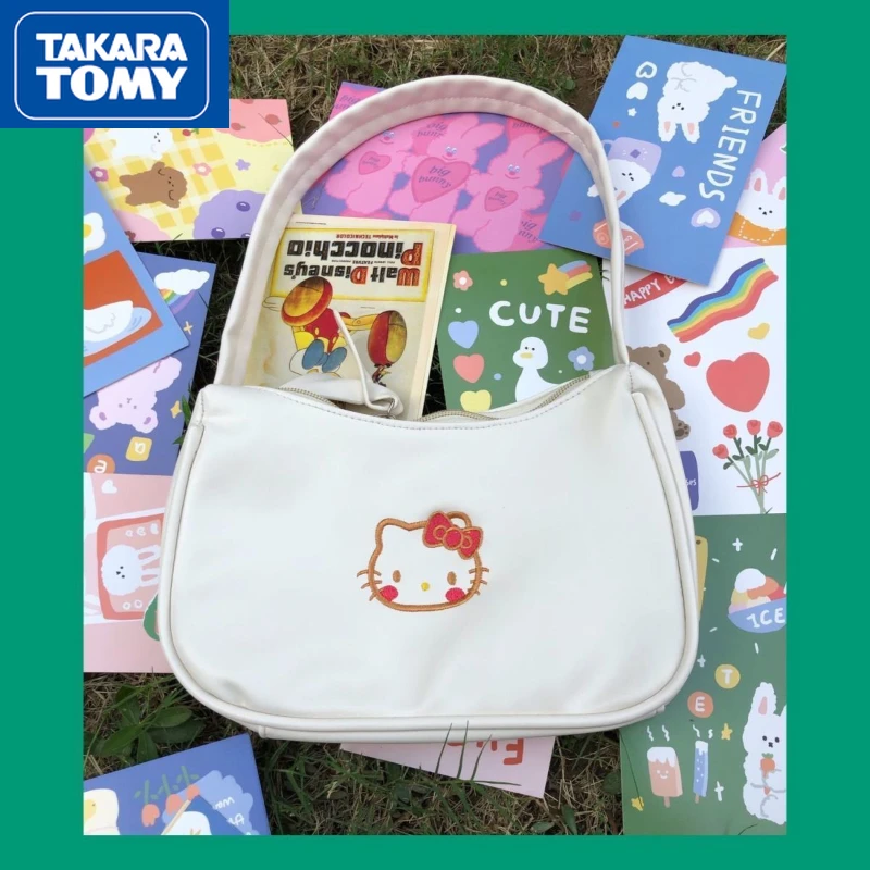 

TAKARA TOMY New Hello Kitty Embroidery PU Cute Simple Shoulder Underarm Bag Girl Sweet Capacity Large Zipper Jk Handbag