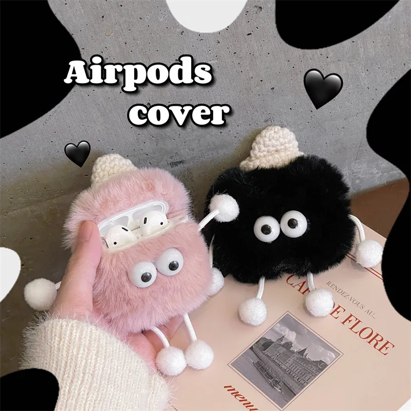 

Cute Cartoon Plush Black/Pink Hat Coal Ball Bluetooth Headset Cover For Airpods 1 2 3 Pro Headphone Cover Wireless Earphone Box