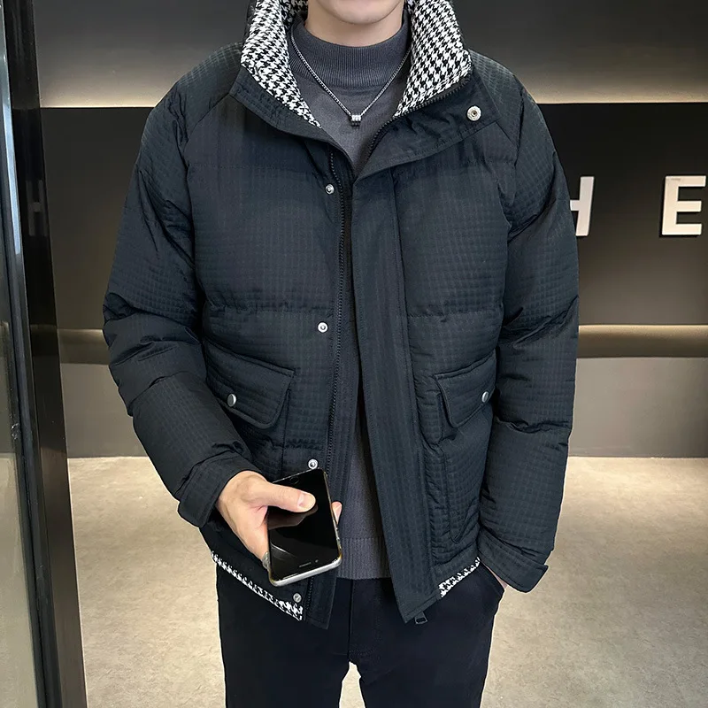 Thick Men's Parkas Jackets Plaid Cotton Jacket Casual Loose Oversized Warm Coats Stand Collar Solid Color Streetwear Winter 4