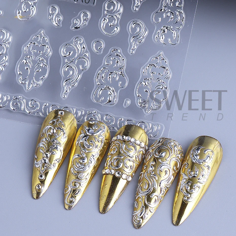 5D Nail Stickers Golden Silvery Flower Leaf Lace Design Geometry Line Nail Art Sliders Manicure Nail Supplies Decal Decorations