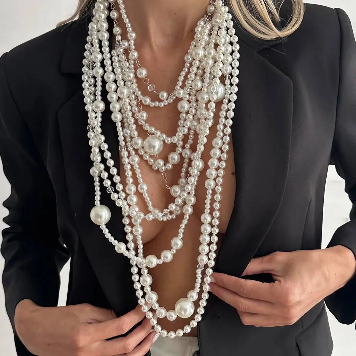 KunJoe Übertriebene mehrschichtige Imitation Perle Halsband Halskette Frauen Luxus Lange Quaste Anhänger Pullover Kette Braut Mi Schmuck
