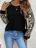 Ladies Casual Leopard Print Splice Long Sleeve Black T-Shirt Spring Autumn Fashion Animal Pattern Top for Women