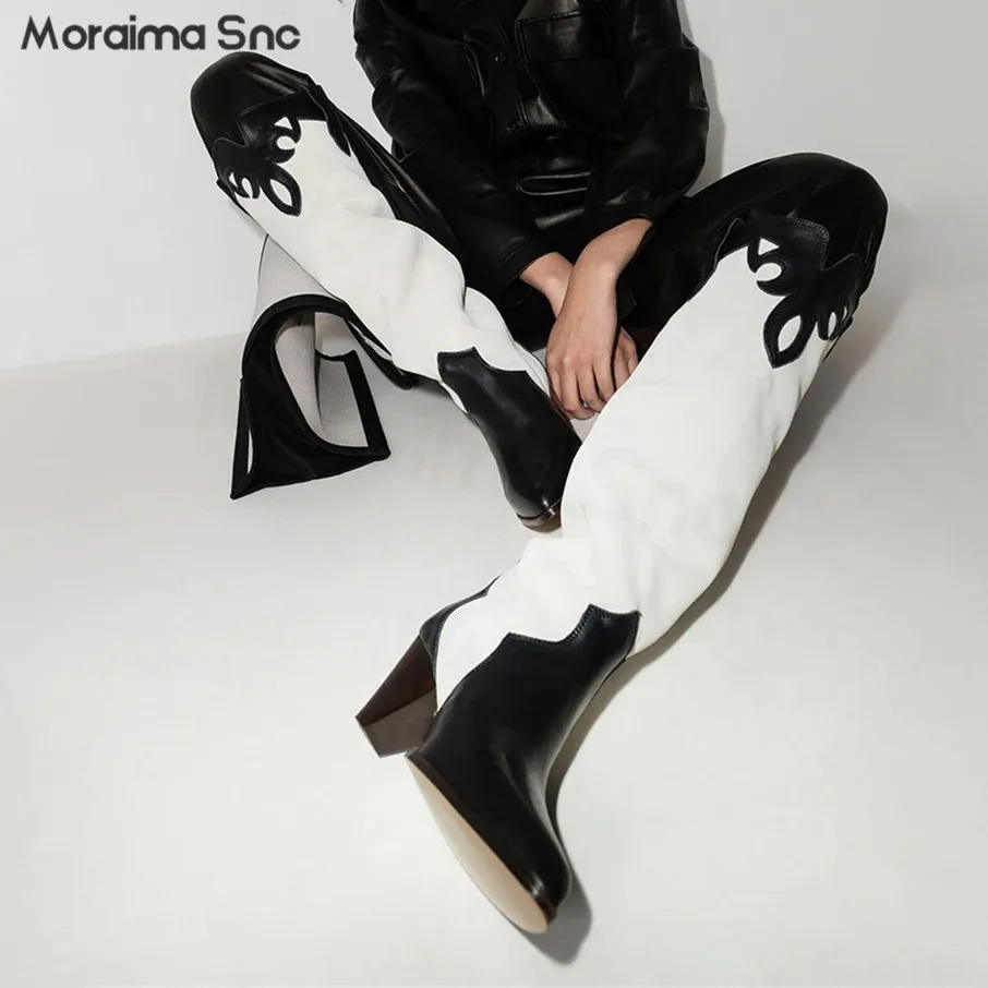 

Black and White Color-Blocking Boots Cowhide British Style Knee-High Boots Casual Plus-Size Pointed Toe Low-Heel Sleeve Boots