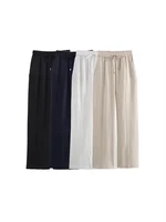Women's Straight Pants with Front Pockets, High Elastic Waist, Drawstrings, Female Trousers, Chic Fashion