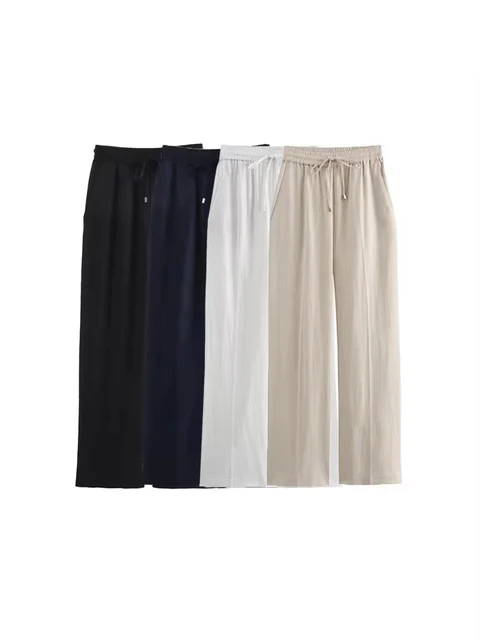 Women's Straight Pants with Front Pockets, High Elastic Waist, Drawstrings, Female Trousers, Chic Fashion