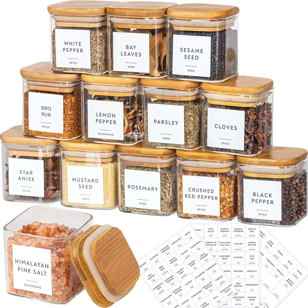 5oz Glass Jars Set with Spice Labels,Square Spice Jars with Bamboo Lids