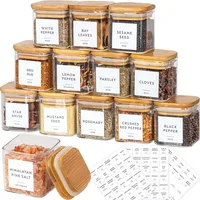 5oz Glass Jars Set with Spice Labels,Square Spice Jars with Bamboo Lids/Sticker Labels, Food Storage Container Canisters 1