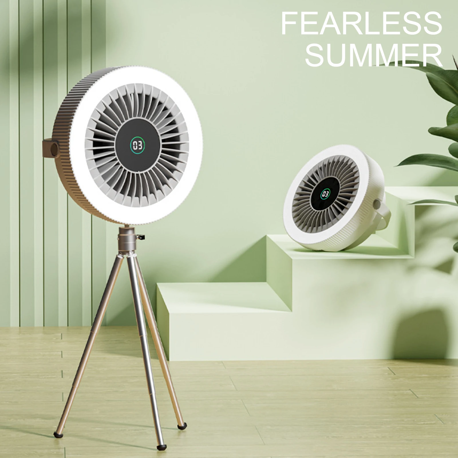 

Desk Tripod Stand Air Cooling Fan with Night Light USB Chargeable Multifunction Home Outdoor Camping Fan Ceiling Fan
