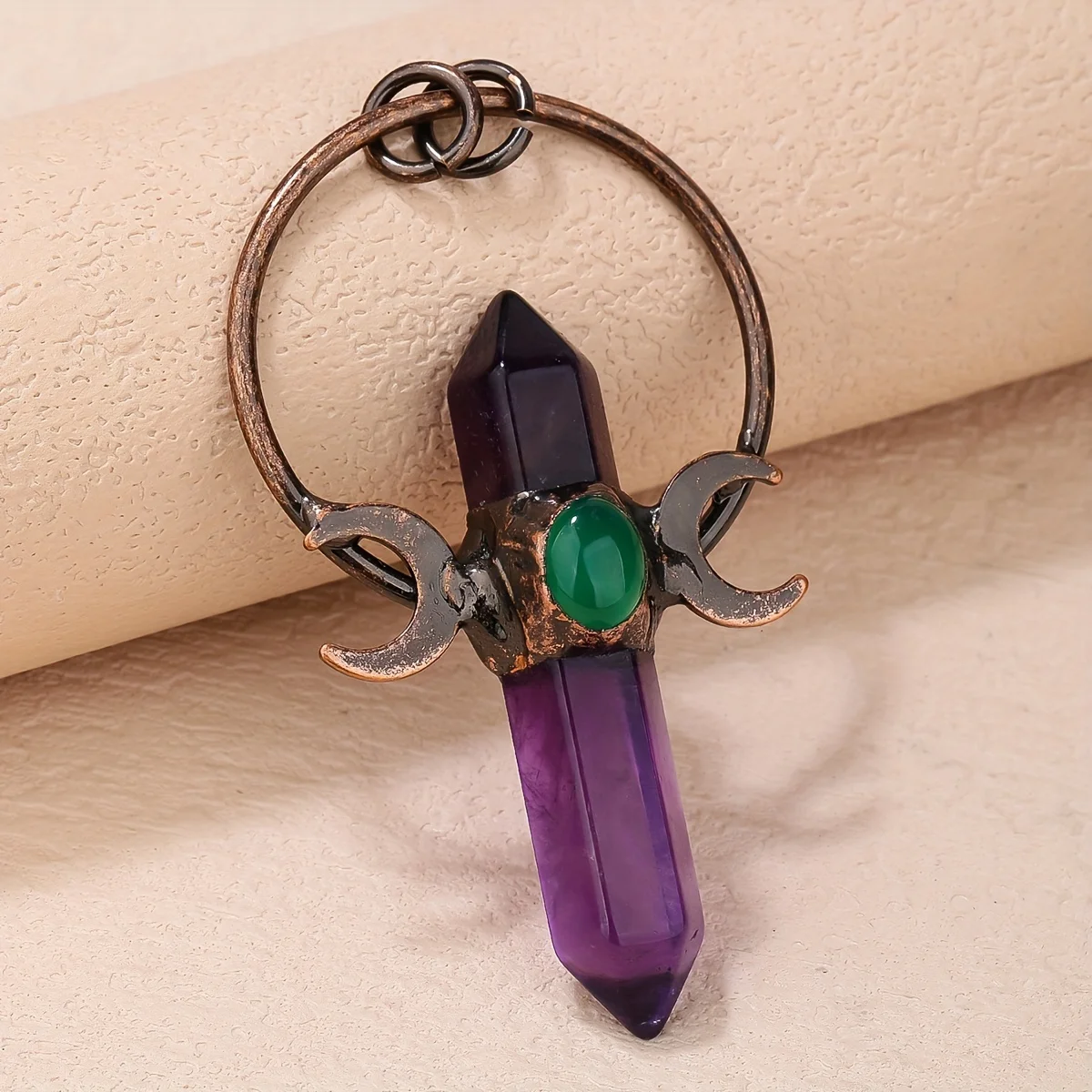 YEEVAA 1pc Amethyst Hexagonal Prism Inlaid With Green Agate Double Moon Pendant Perfect For Women Gift Jewelry Necklace