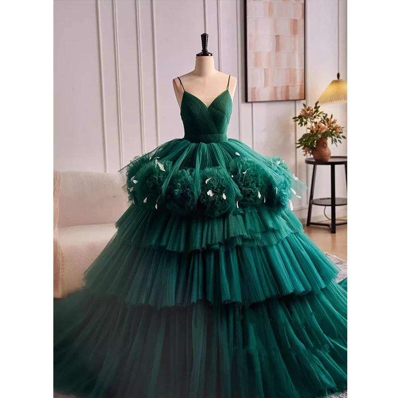 

Bespok Occasion Dresses Green Tulle Sgaphetti Straps Lace up Princess Floor-length Plus size Women Quality Evening Ball Gowns