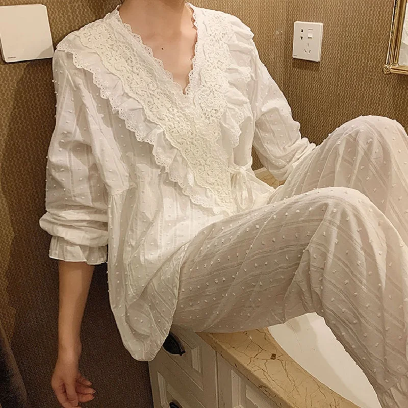 

Spring Autumn Cotton V-neck Cardigan Women's Pajamas Sets Sweet Female Long Sleeve Kimono Pyjamas Loose Sleepwear Suits