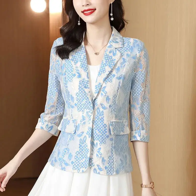 2023 New Spring and Summer Fashion Commuting Simple Temperament Lace Hollow Out Jacquard Casual Versatile Women's Suit Blazer