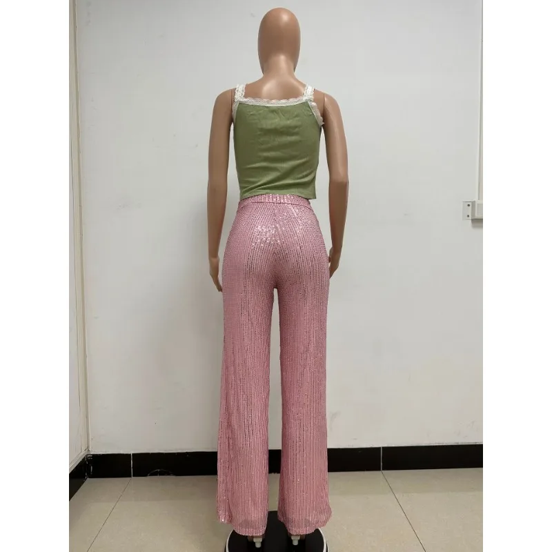 Women's Sequins Loose Casual Pants Solid Elastic High Waist Stretch Trends Versatile Wide Leg Trousers Club Party Streetwear