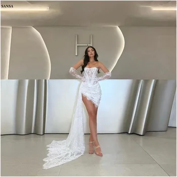 Sansa Customized White Sleeves Lace Strapless Party Dress Backless Trailing Prom Dress Mini Skirt Flowers Evening Dresses 2025