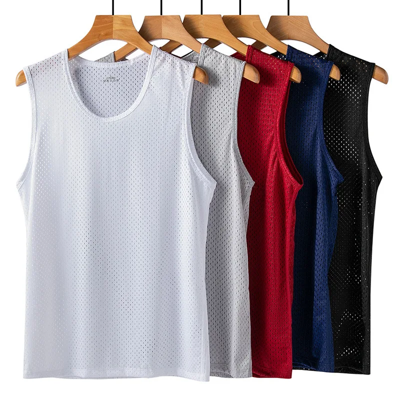 Men Ice Silk Tank Tops Underwear Mens Undershirt Mesh Holes Shirts Plus Size Male Fitness Wrestling Breathable Elastic Singlets