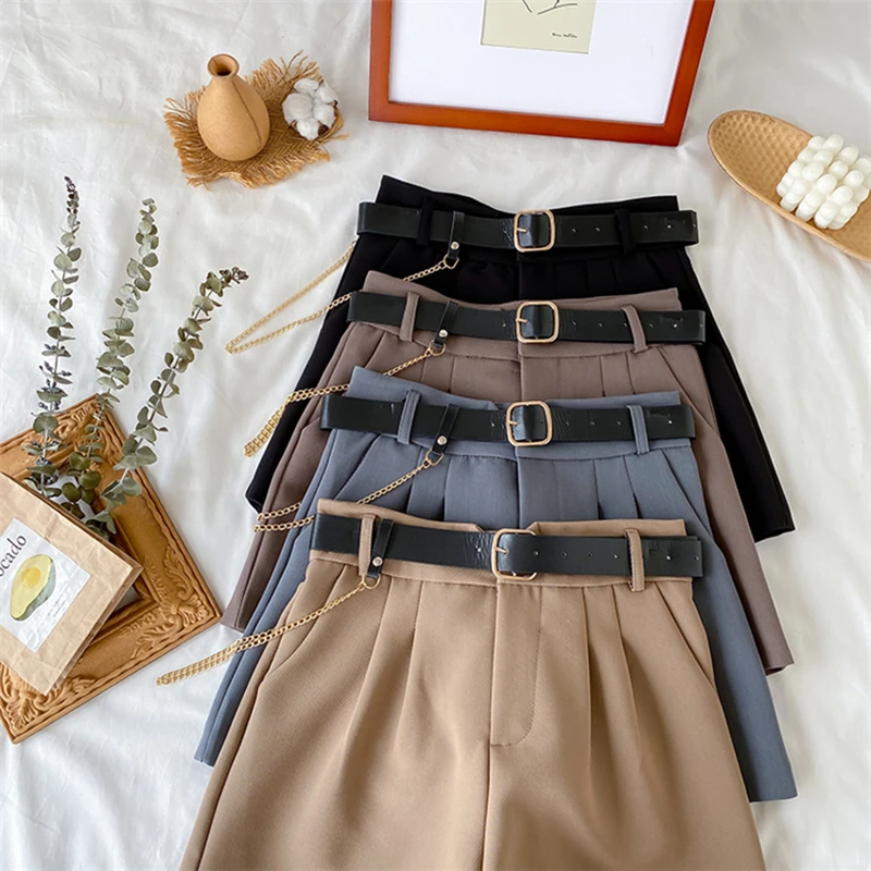 2021 High Waist Thin Women's Office Shorts Wide Legged A-Line Suit Shorts Female Korean Style Casual New Short Pants with Belt american eagle shorts