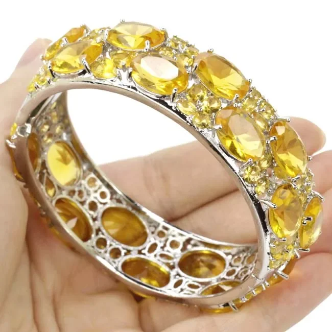 925 SOLID STERLING SILVER Customized BRACELET Big Heavy Purple Spinel Kunzite Golden Citrine Green Amethyst Woman's Gift 7.5inch