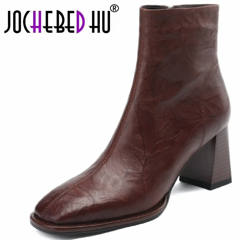 

【JOCHEBED HU】Women Brand Genuine Leather Shoes 7cm Female Side Zippers Ankle Boots Modern Lady Split Winter Boots 34-42