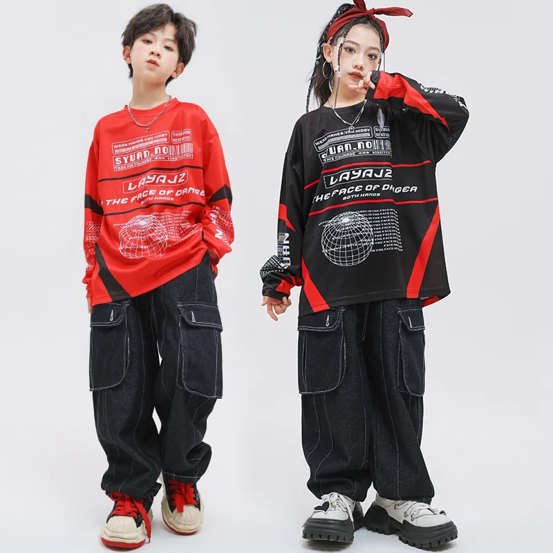 

Kid Hip Hop Clothing Red Letter Sweatshirt Vest Top Black Casual Denim Cargo Pants Jeans for Girl Boy Jazz Dance Costume Clothes