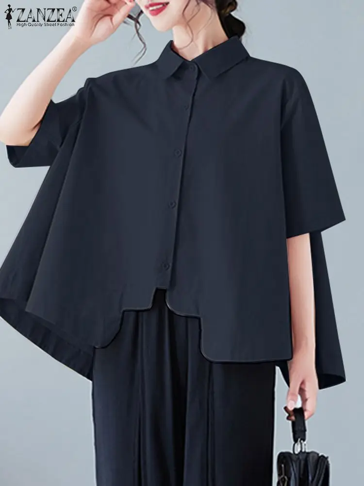 Blusa Holgada De Lino Para Mujer Talla Grande - Manga Larga, Dobladillo Irregular, Color Negro, Estilo Verano Casual